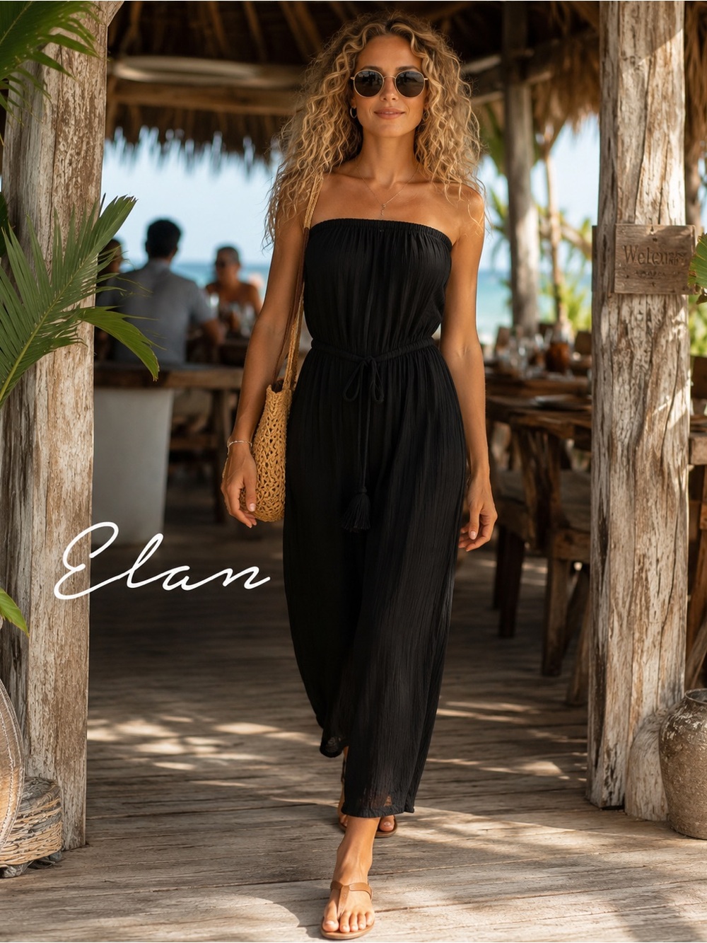 🌸Elan Black Strapless Wide-Leg Jumpsuit sizeM boho coastal resort vacation